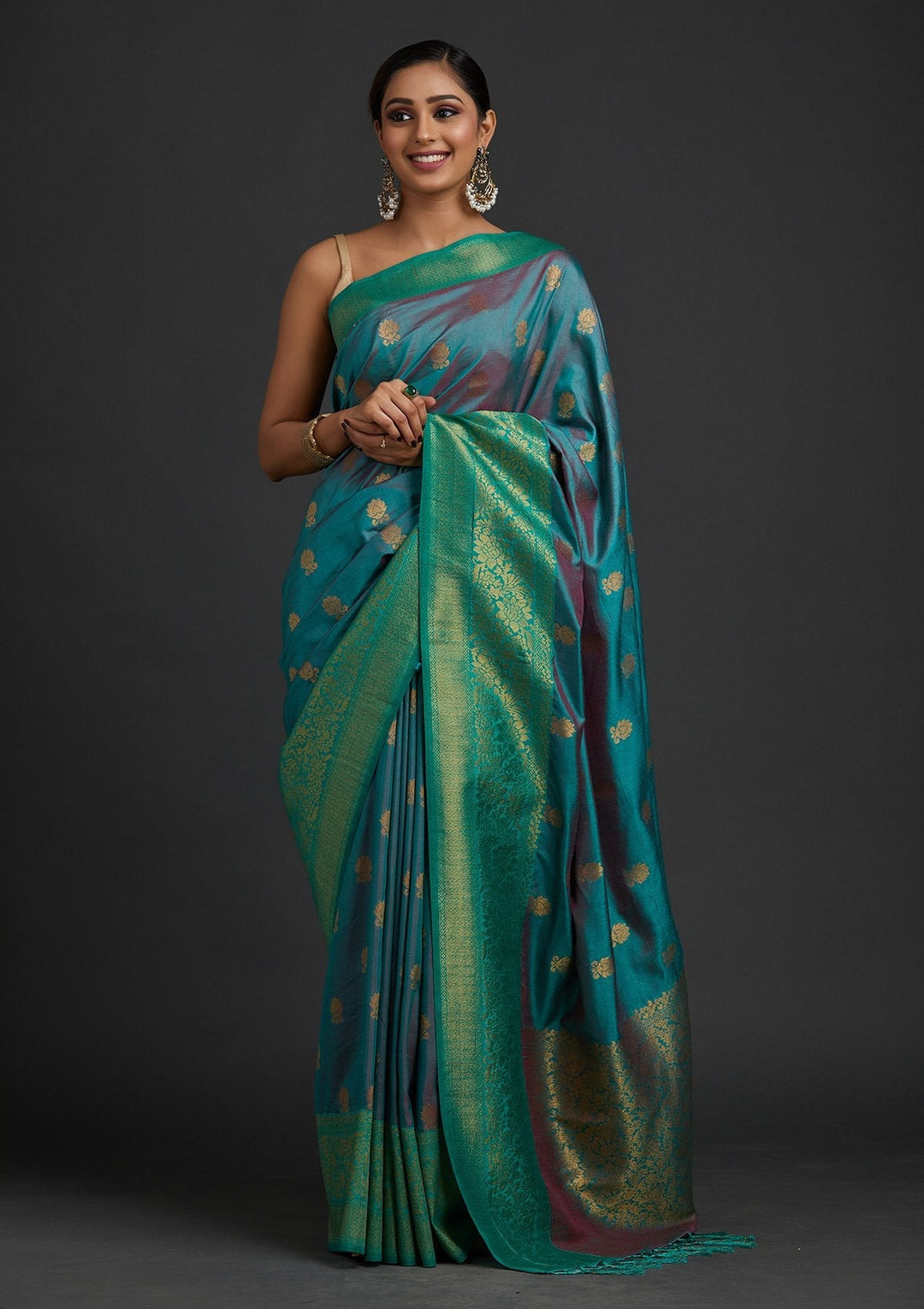 Sea Green Zariwork Raw Silk Designer Saree - koskii