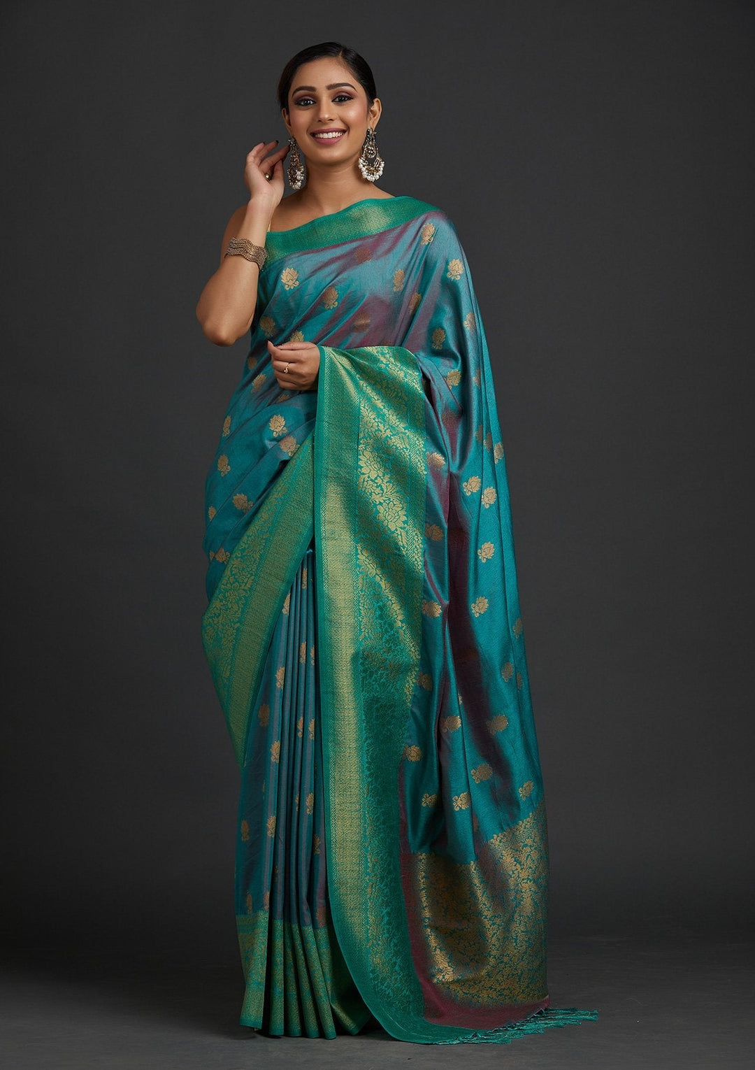 Sea Green Zariwork Raw Silk Designer Saree - koskii