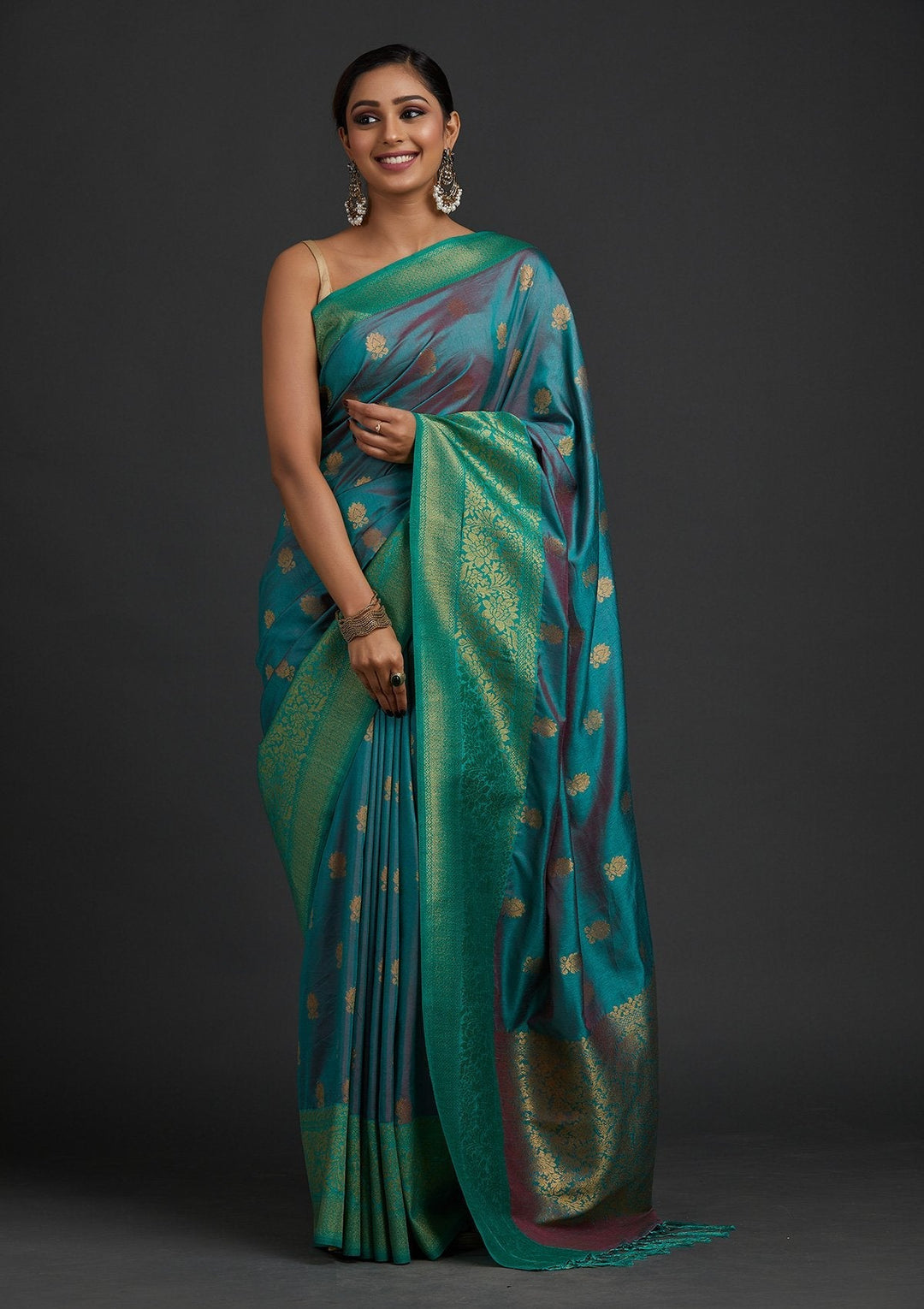 Sea Green Zariwork Raw Silk Designer Saree - koskii