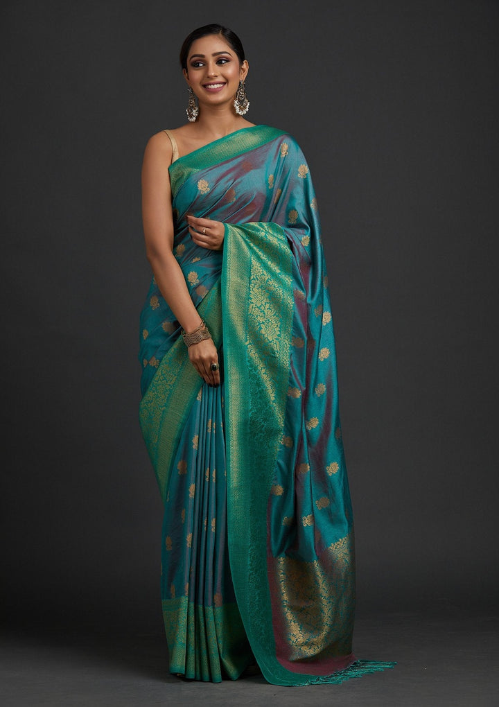 Sea Green Zariwork Raw Silk Designer Saree - koskii