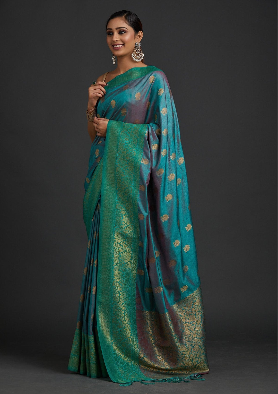 Sea Green Zariwork Raw Silk Designer Saree - koskii