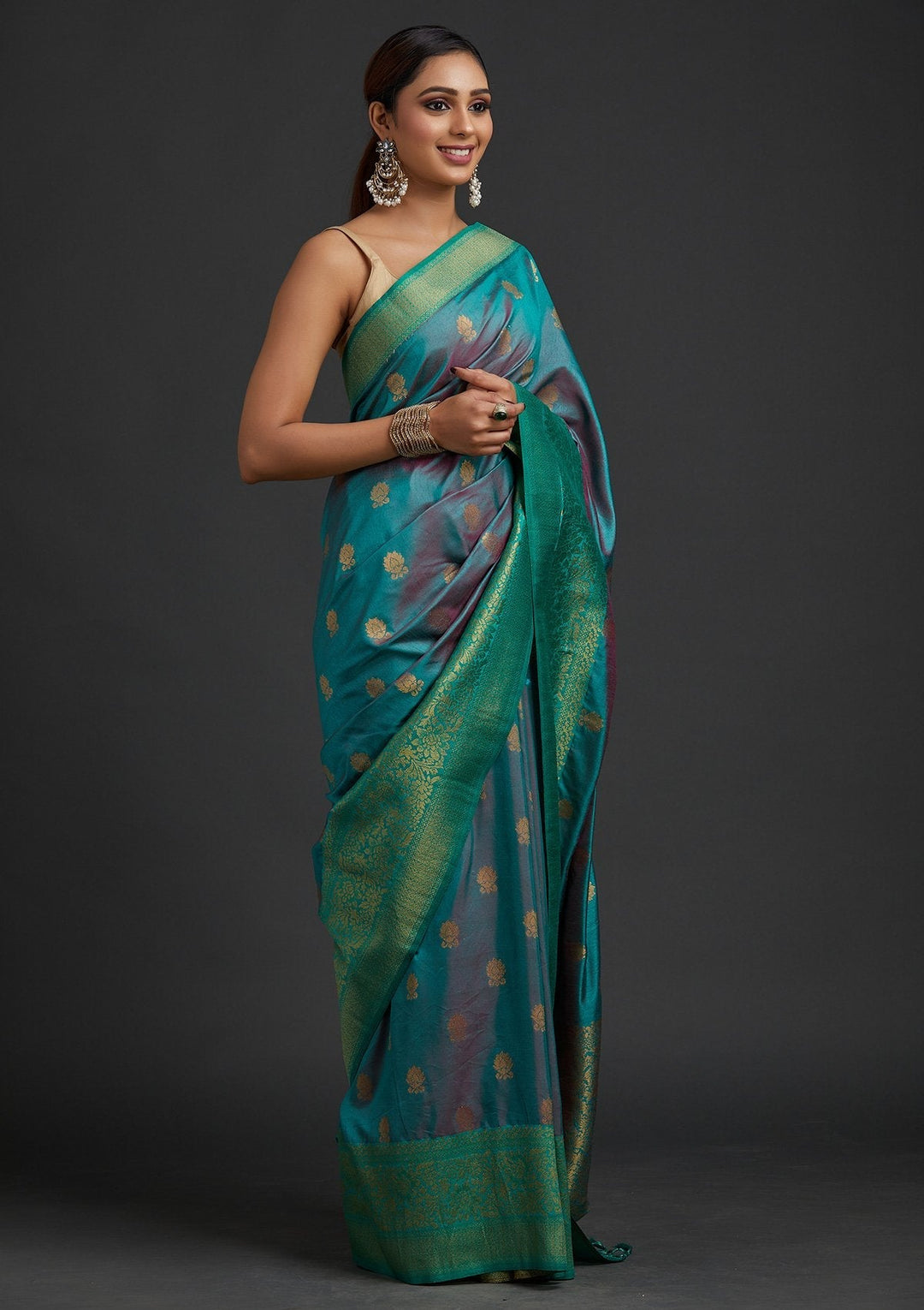 Sea Green Zariwork Raw Silk Designer Saree - koskii
