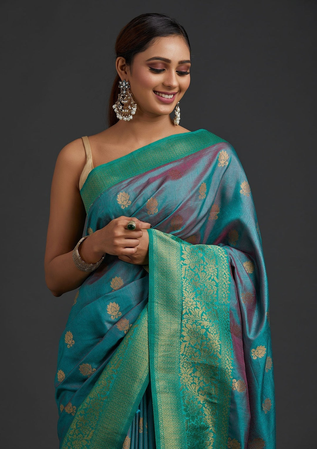 Sea Green Zariwork Raw Silk Designer Saree - koskii