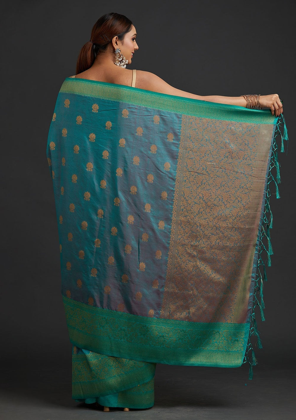 Sea Green Zariwork Raw Silk Designer Saree - koskii
