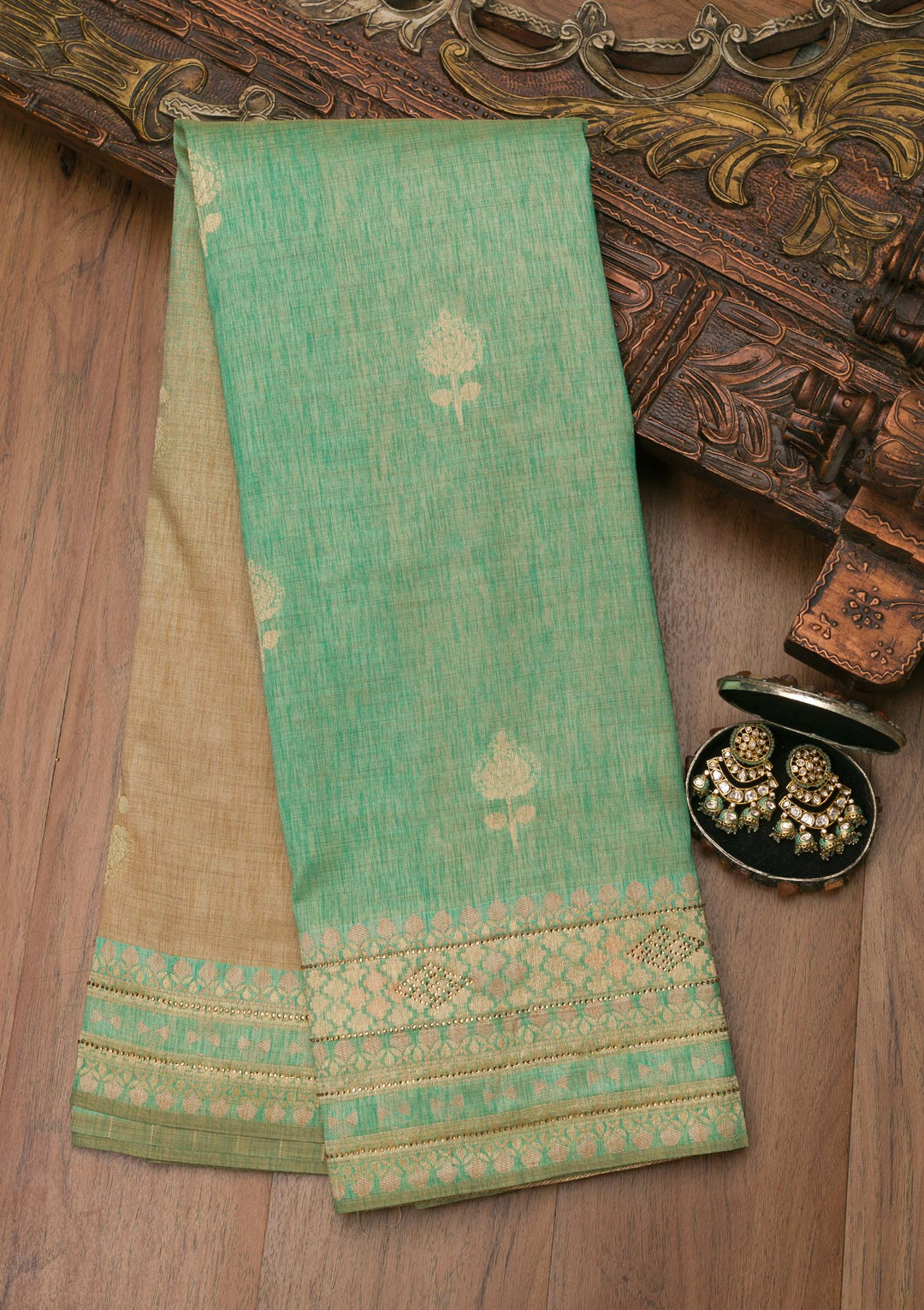 Sea Green Zariwork Raw Silk Saree-Koskii