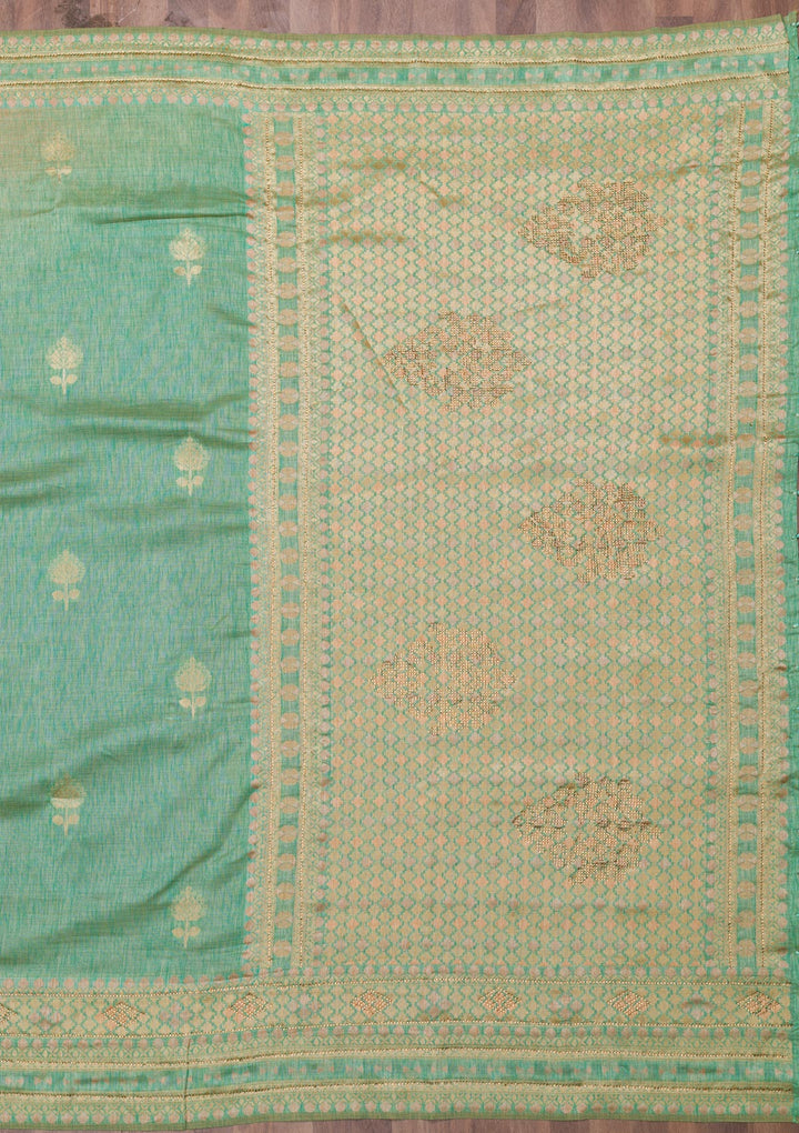 Sea Green Zariwork Raw Silk Saree-Koskii