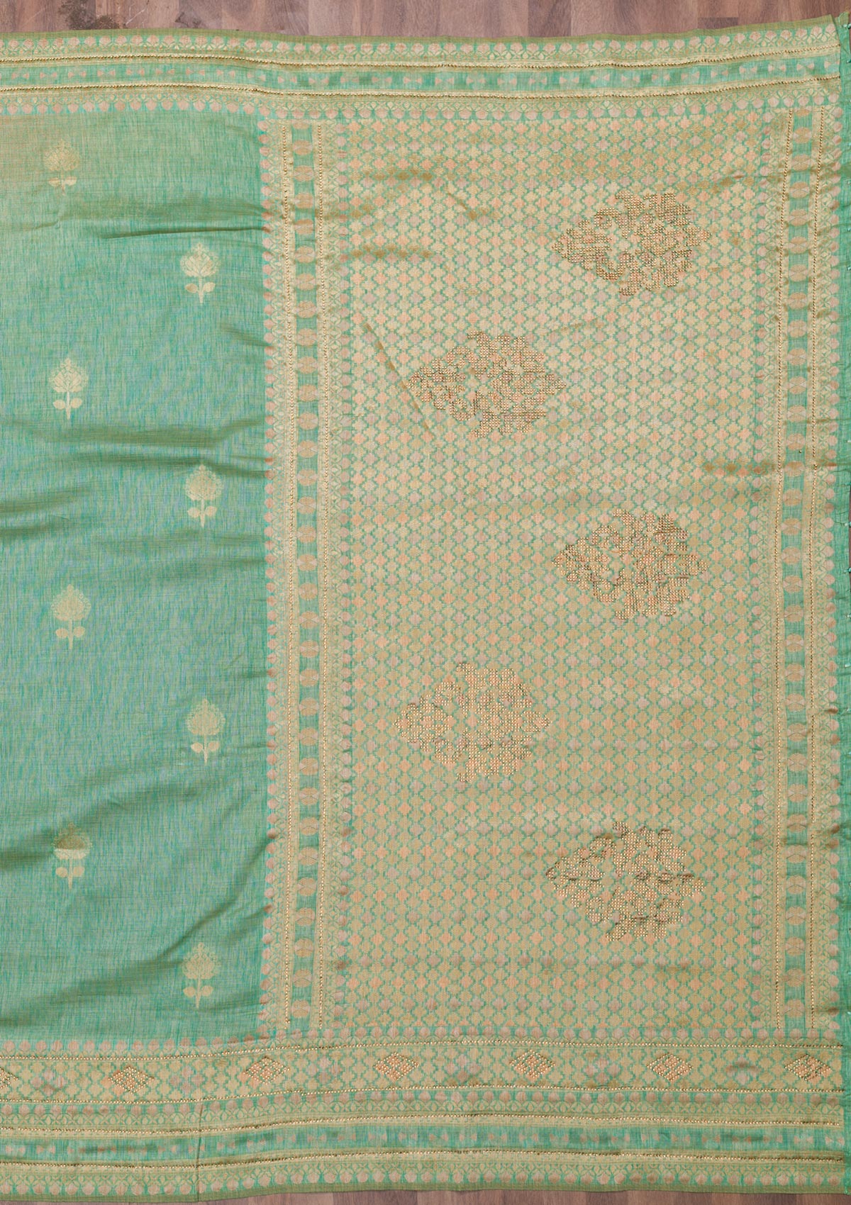 Sea Green Zariwork Raw Silk Saree-Koskii