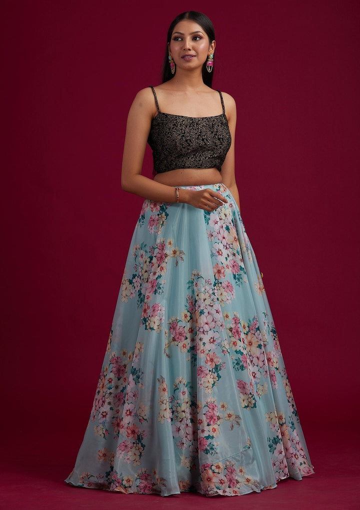 Sea Green Zariwork Semi Crepe Designer Lehenga - koskii