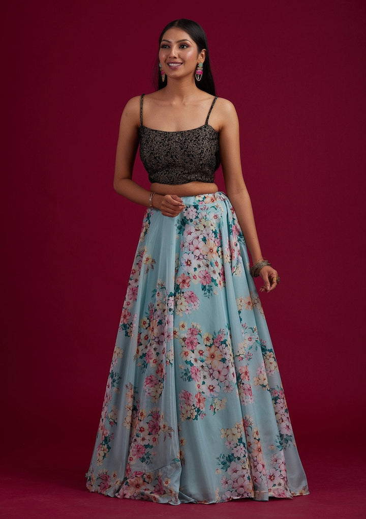 Sea Green Zariwork Semi Crepe Designer Lehenga - koskii