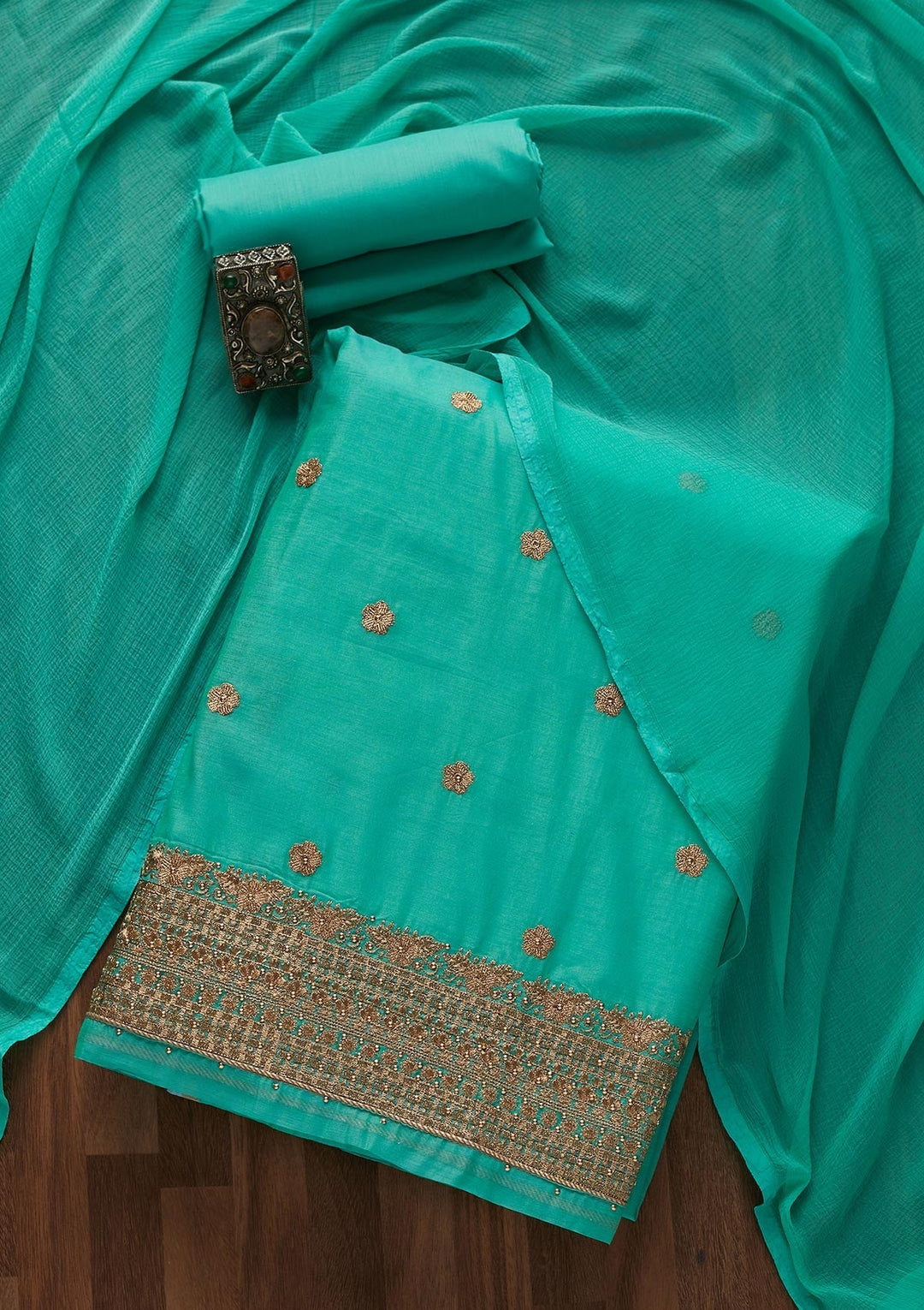 Sea Green Zariwork Semi Crepe Designer Unstitched Salwar Suit - Koskii