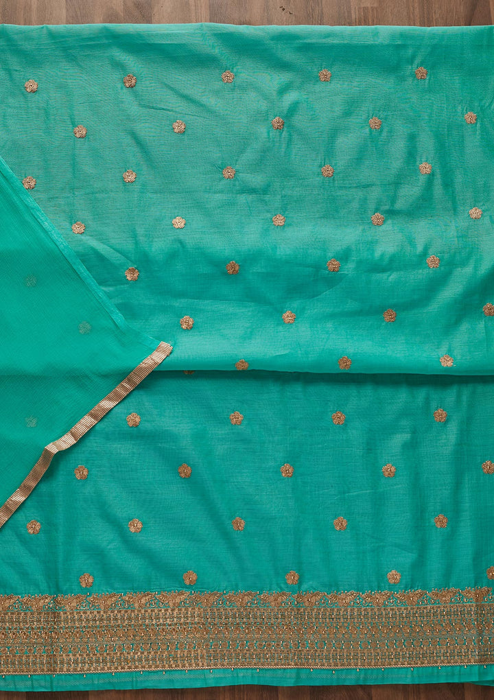 Sea Green Zariwork Semi Crepe Designer Unstitched Salwar Suit - Koskii