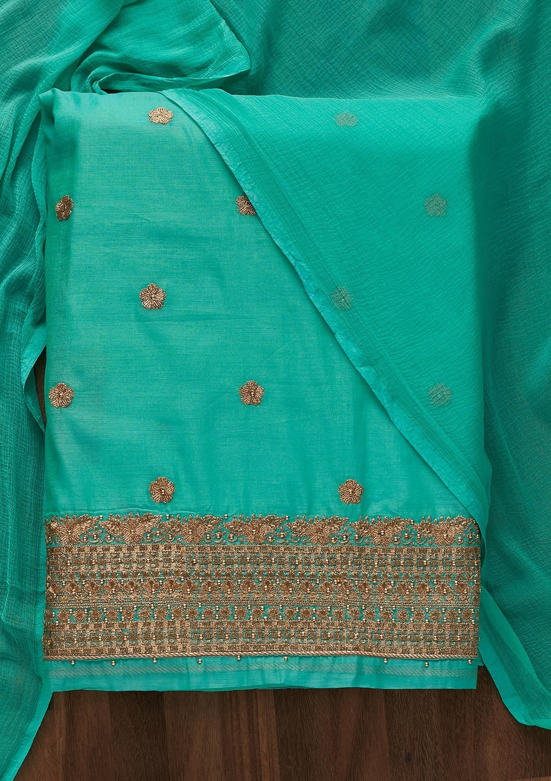 Sea Green Zariwork Semi Crepe Designer Unstitched Salwar Suit - Koskii