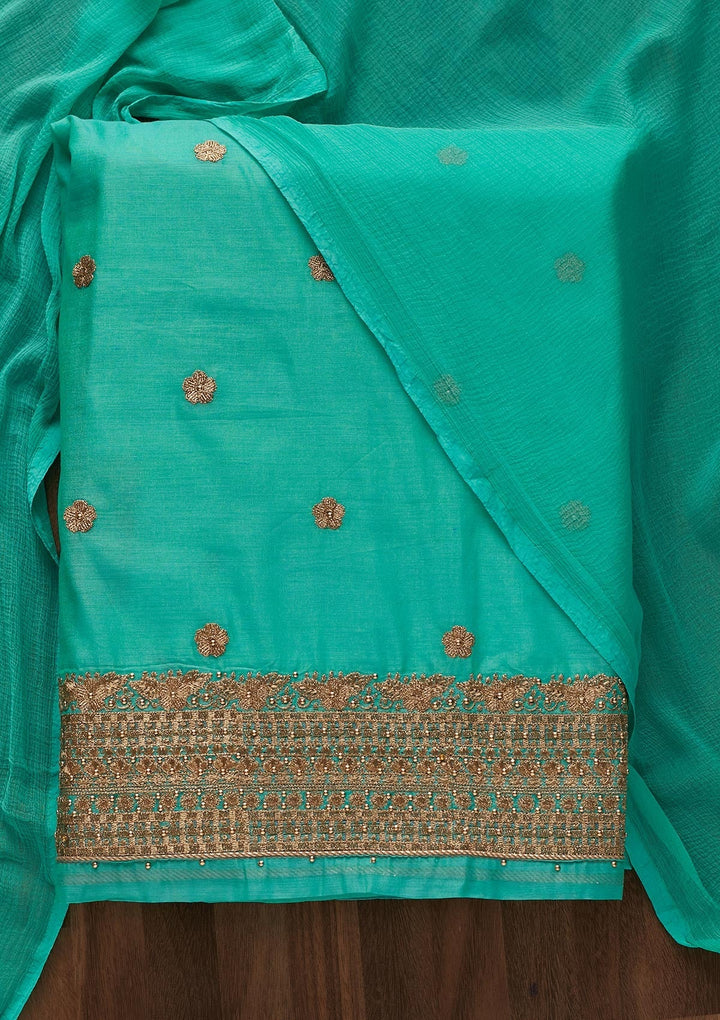 Sea Green Zariwork Semi Crepe Designer Unstitched Salwar Suit - Koskii