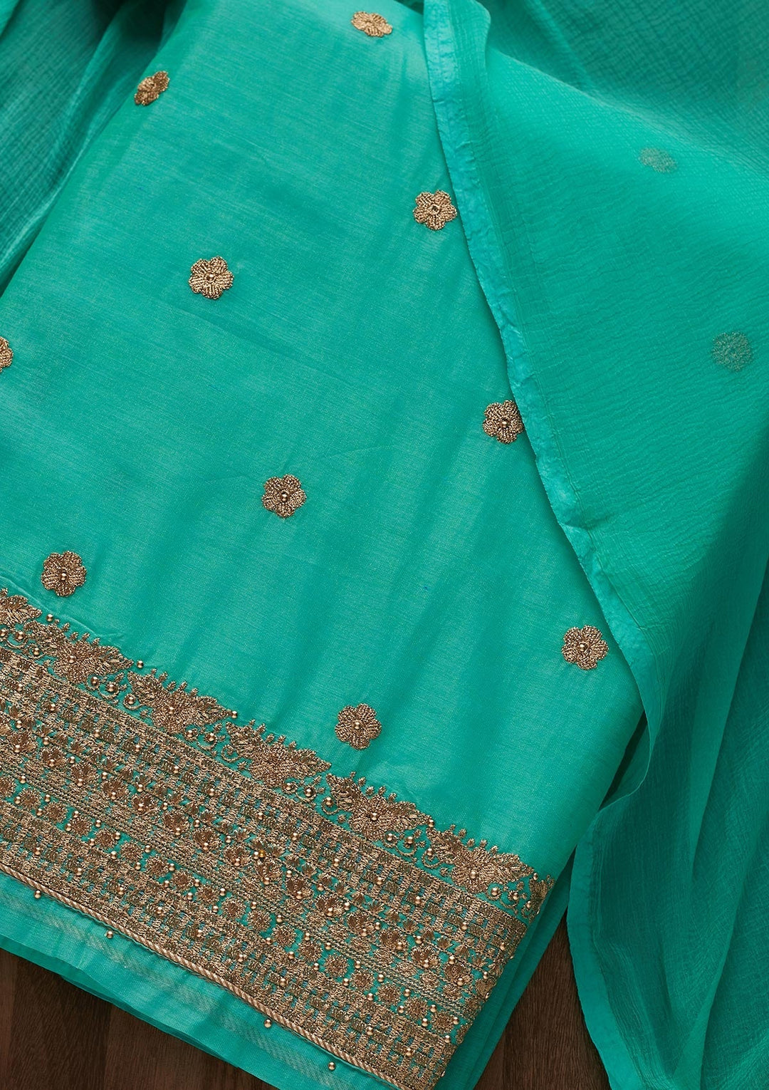 Sea Green Zariwork Semi Crepe Designer Unstitched Salwar Suit - Koskii