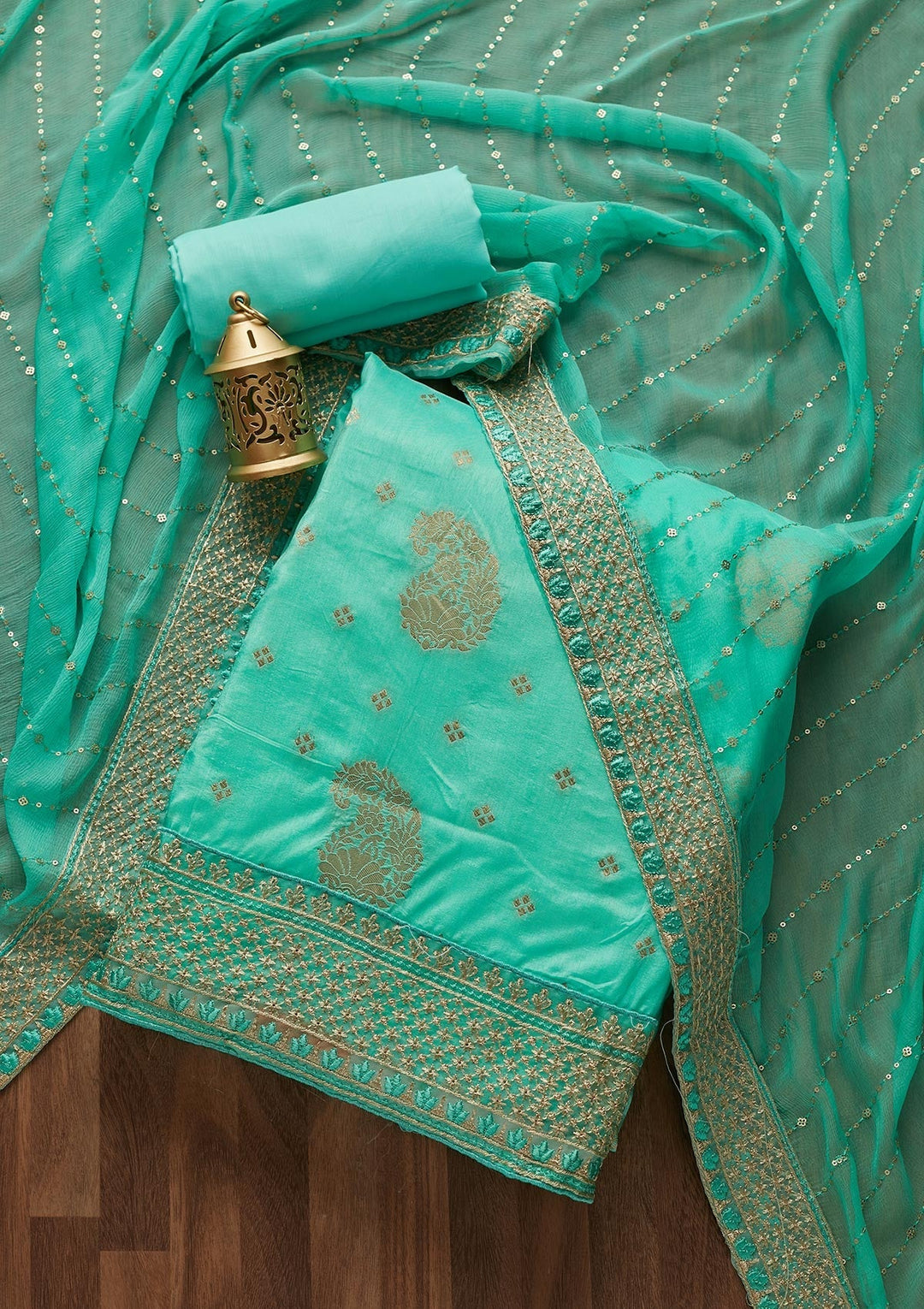 Sea Green Zariwork Semi Crepe Unstitched Salwar Suit- Koskii