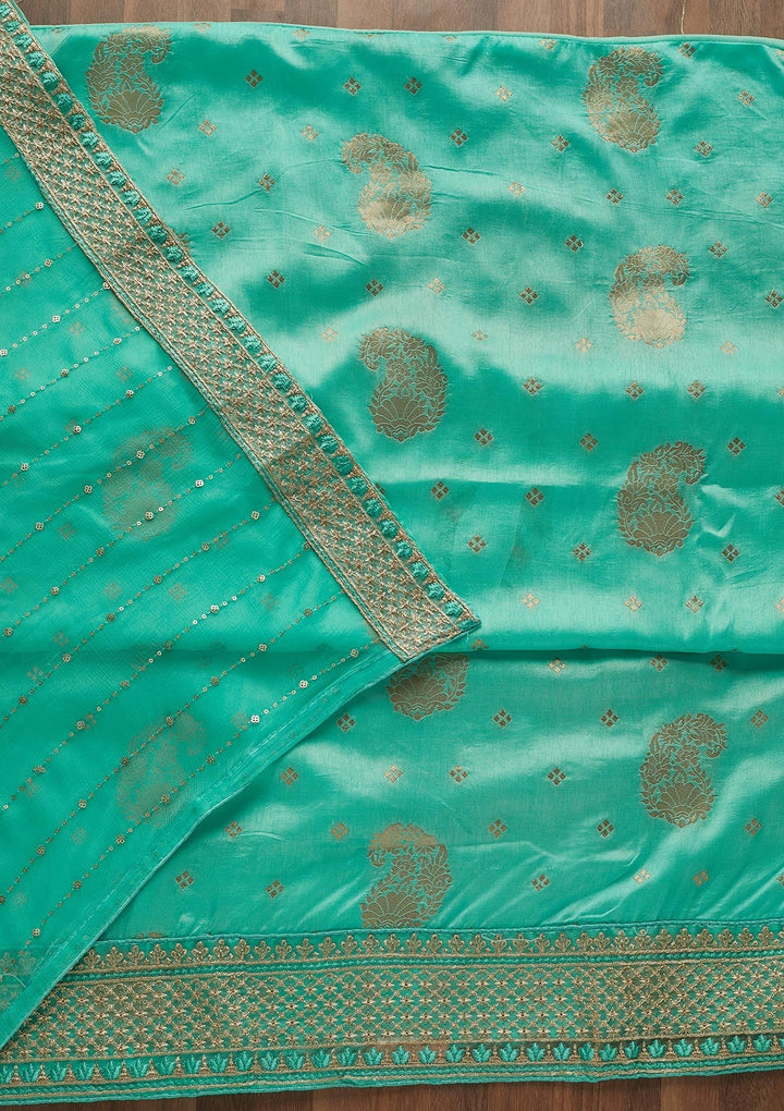 Sea Green Zariwork Semi Crepe Unstitched Salwar Suit - Koskii