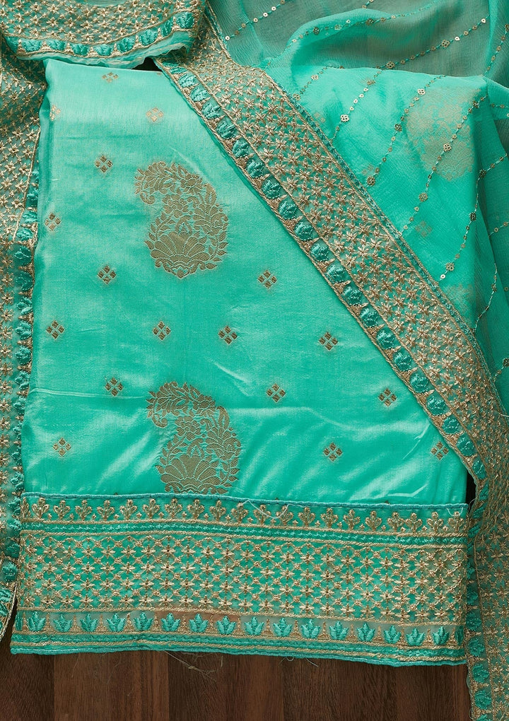 Sea Green Zariwork Semi Crepe Unstitched Salwar Suit - Koskii