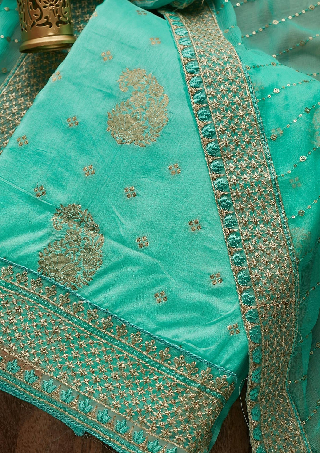 Sea Green Zariwork Semi Crepe Unstitched Salwar Suit - Koskii