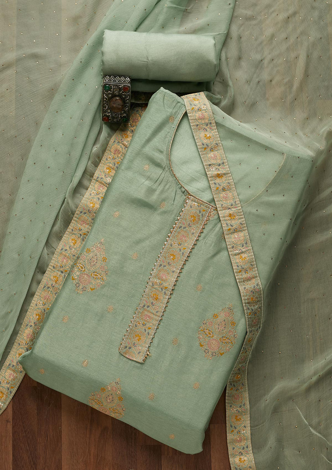 Sea Green Zariwork Semi Crepe Unstitched Salwar Suit-Koskii