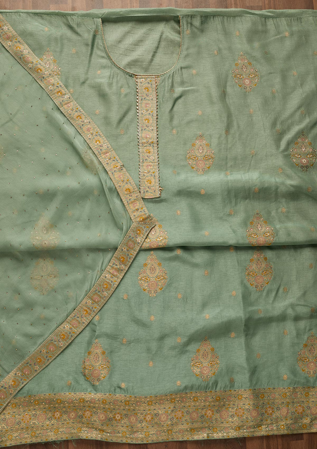 Sea Green Zariwork Semi Crepe Unstitched Salwar Suit-Koskii