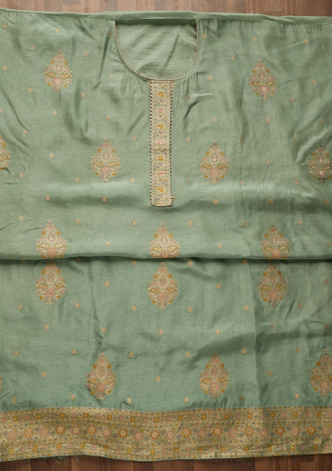 Sea Green Zariwork Semi Crepe Unstitched Salwar Suit-Koskii
