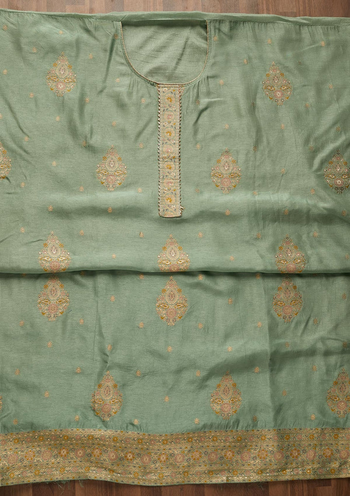 Sea Green Zariwork Semi Crepe Unstitched Salwar Suit-Koskii