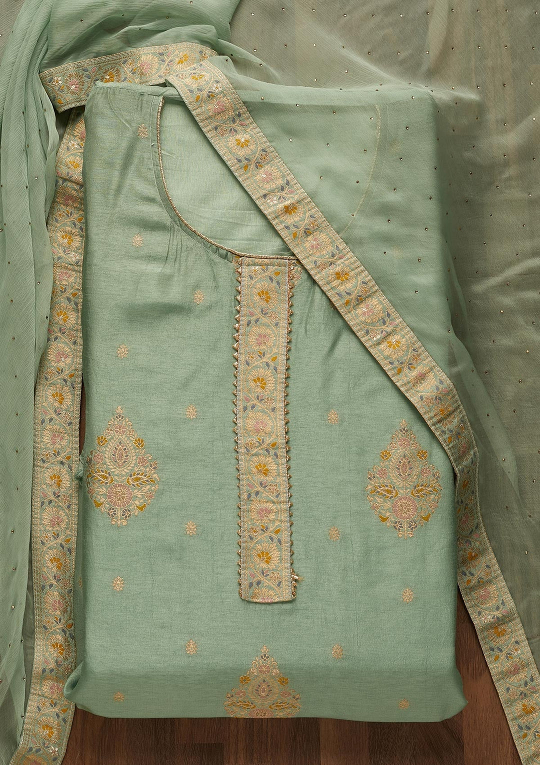 Sea Green Zariwork Semi Crepe Unstitched Salwar Suit-Koskii