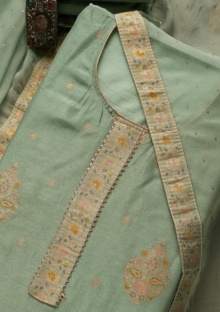 Sea Green Zariwork Semi Crepe Unstitched Salwar Suit-Koskii