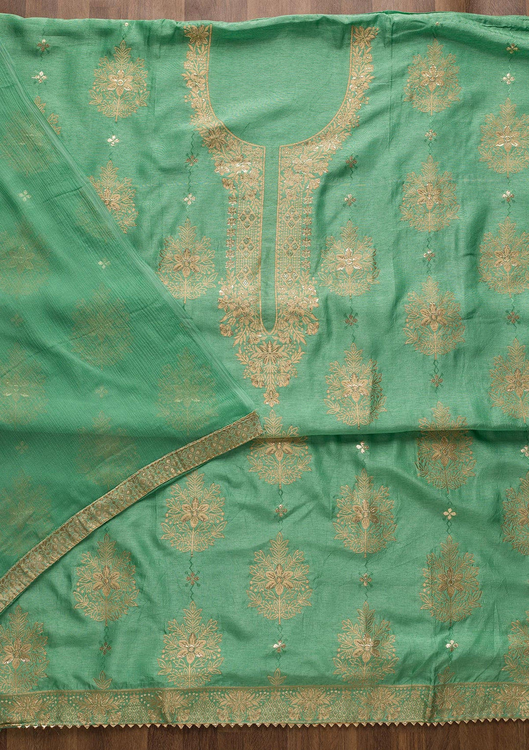 Sea Green Zariwork Semi Crepe Unstitched Salwar Suit-Koskii