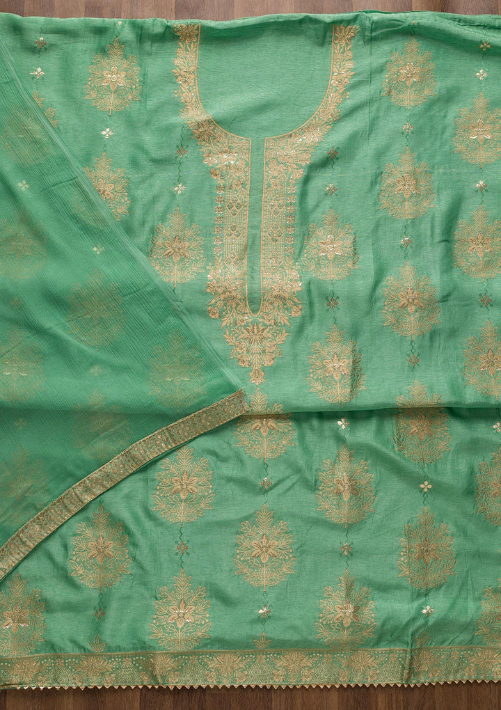 Sea Green Zariwork Semi Crepe Unstitched Salwar Suit-Koskii