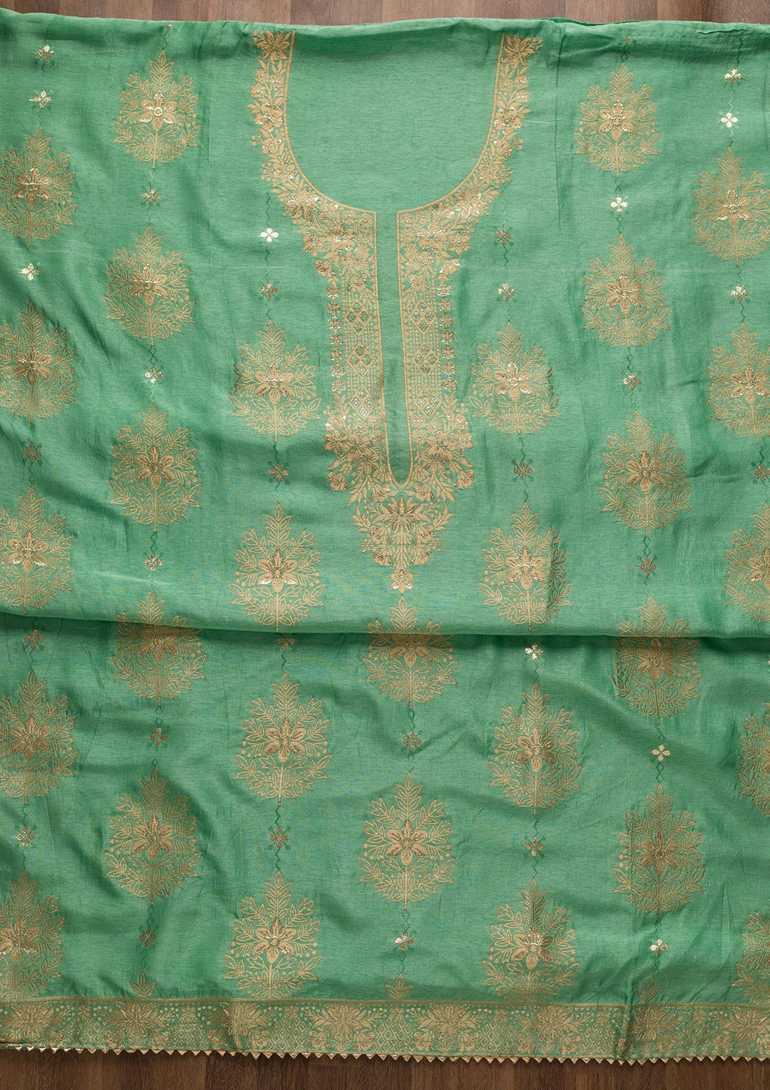 Sea Green Zariwork Semi Crepe Unstitched Salwar Suit-Koskii