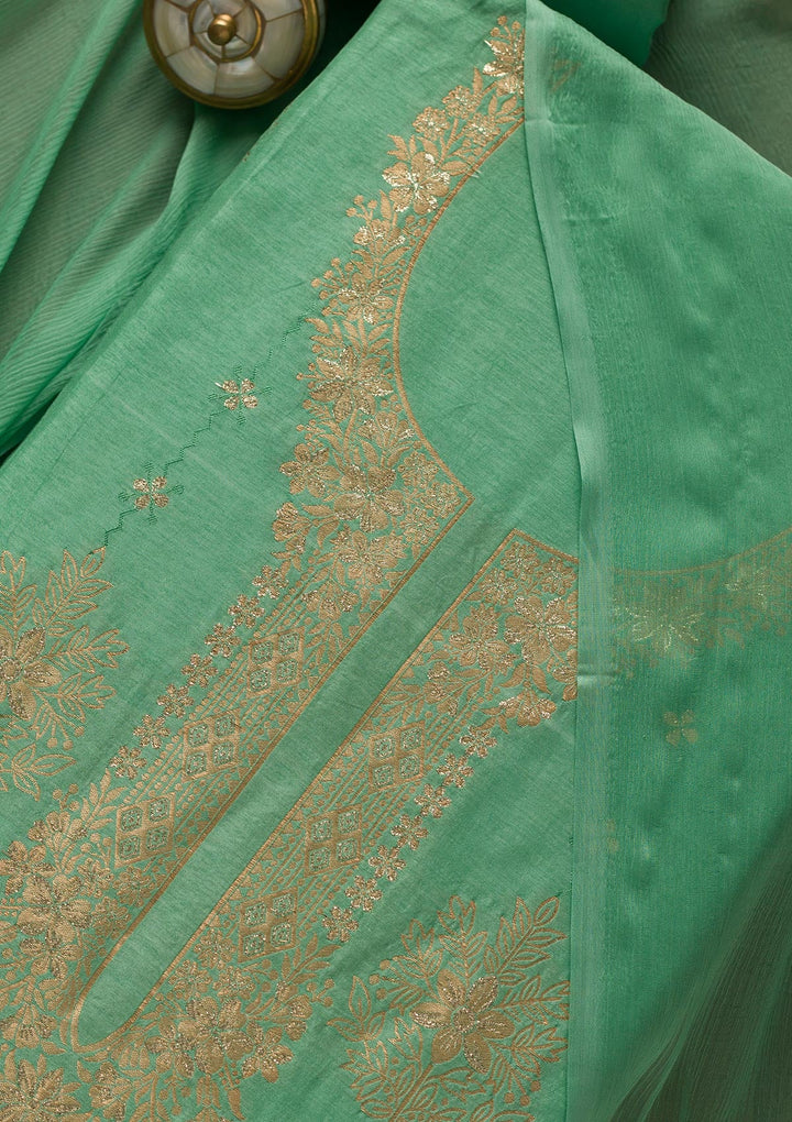 Sea Green Zariwork Semi Crepe Unstitched Salwar Suit-Koskii