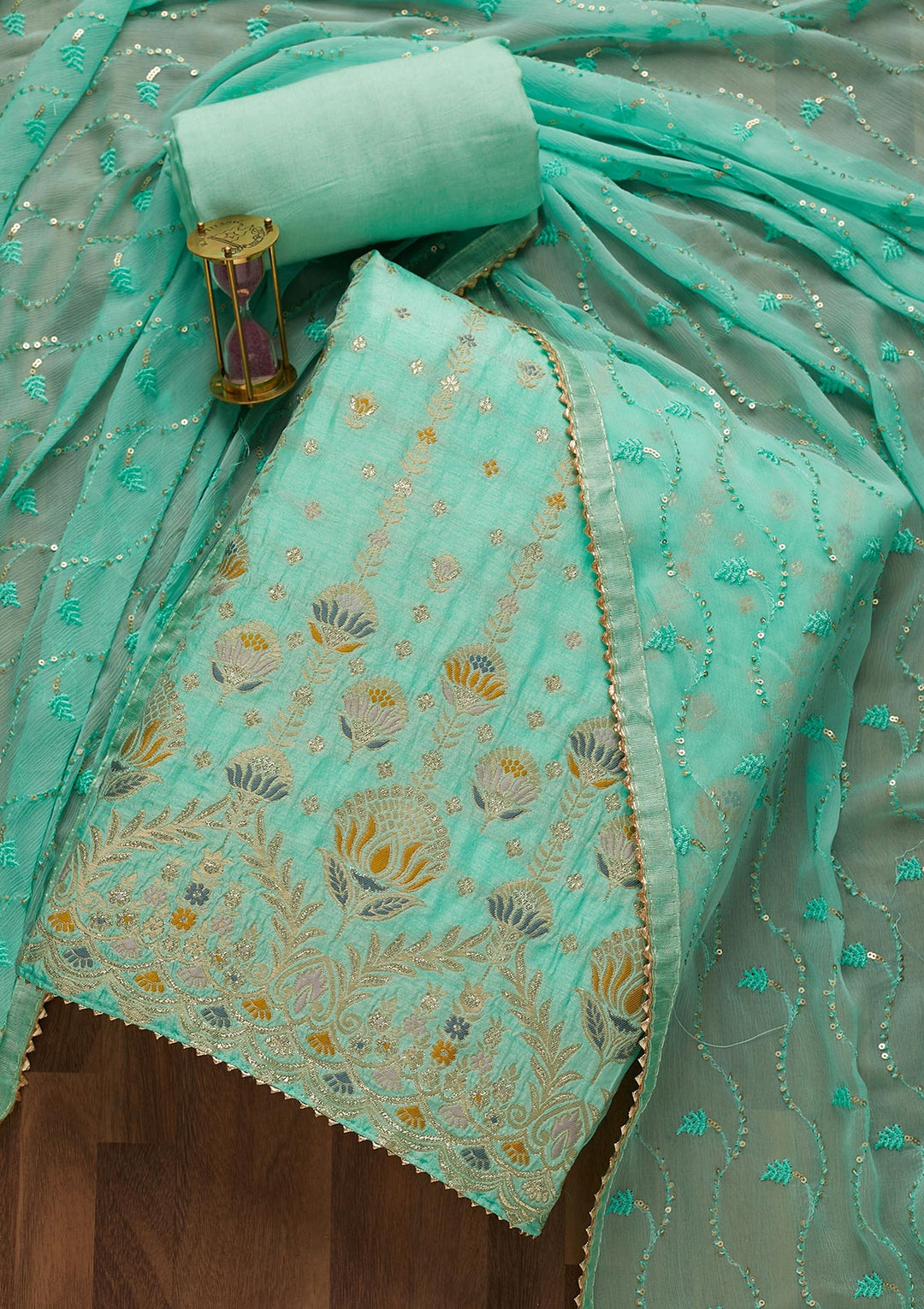 Sea Green Zariwork Semi Crepe Unstitched Salwar Suit-Koskii