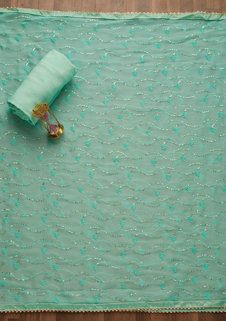 Sea Green Zariwork Semi Crepe Unstitched Salwar Suit-Koskii