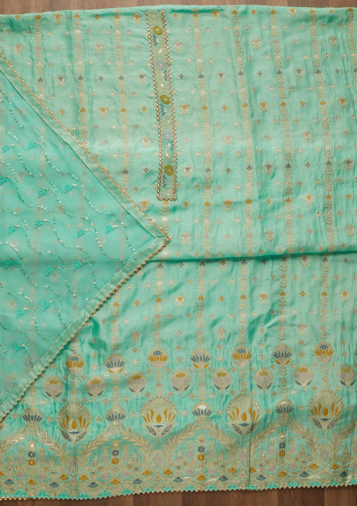 Sea Green Zariwork Semi Crepe Unstitched Salwar Suit-Koskii