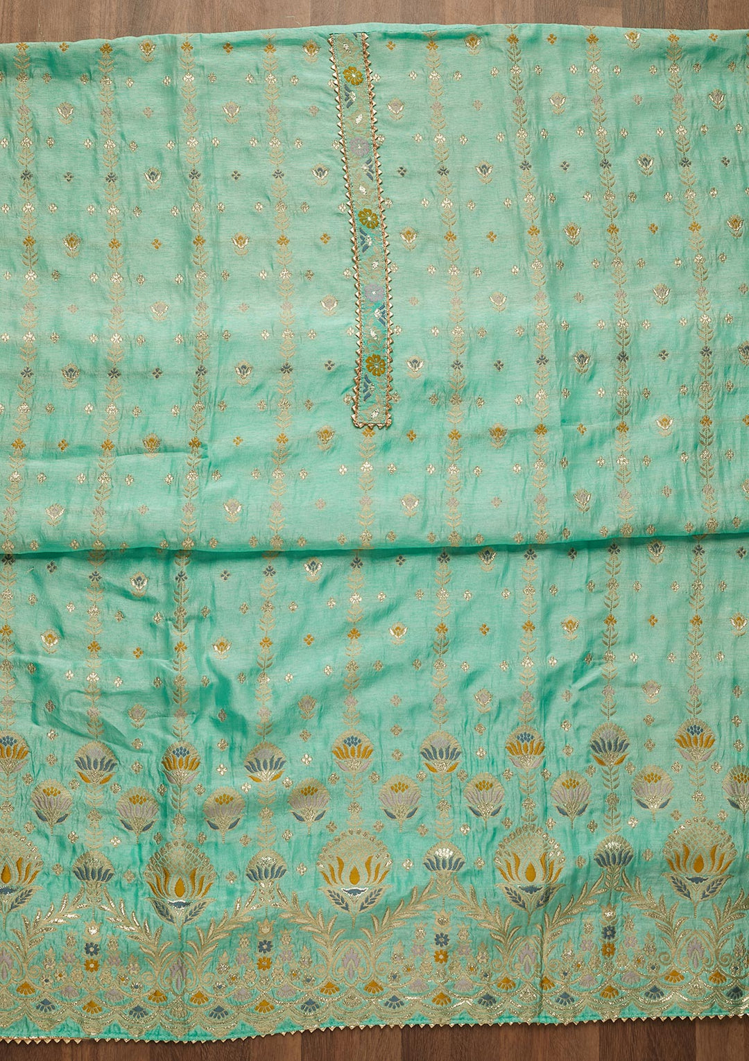 Sea Green Zariwork Semi Crepe Unstitched Salwar Suit-Koskii