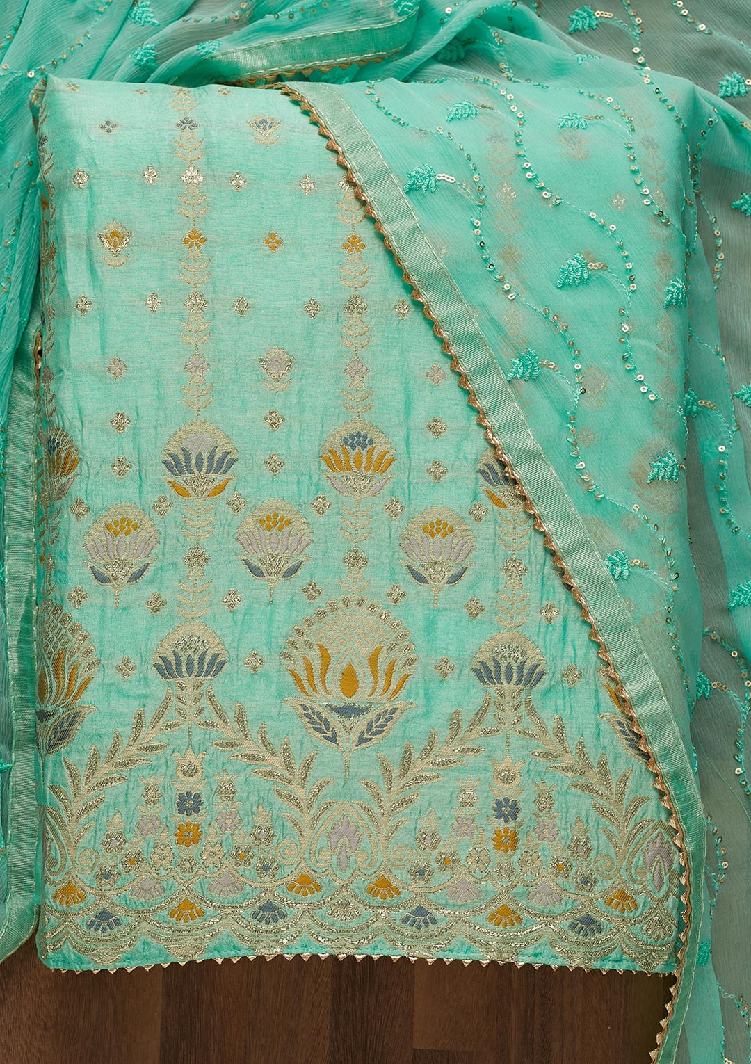 Sea Green Zariwork Semi Crepe Unstitched Salwar Suit-Koskii