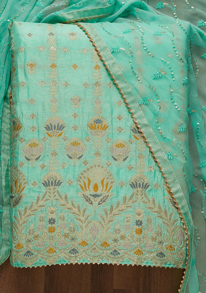Sea Green Zariwork Semi Crepe Unstitched Salwar Suit-Koskii