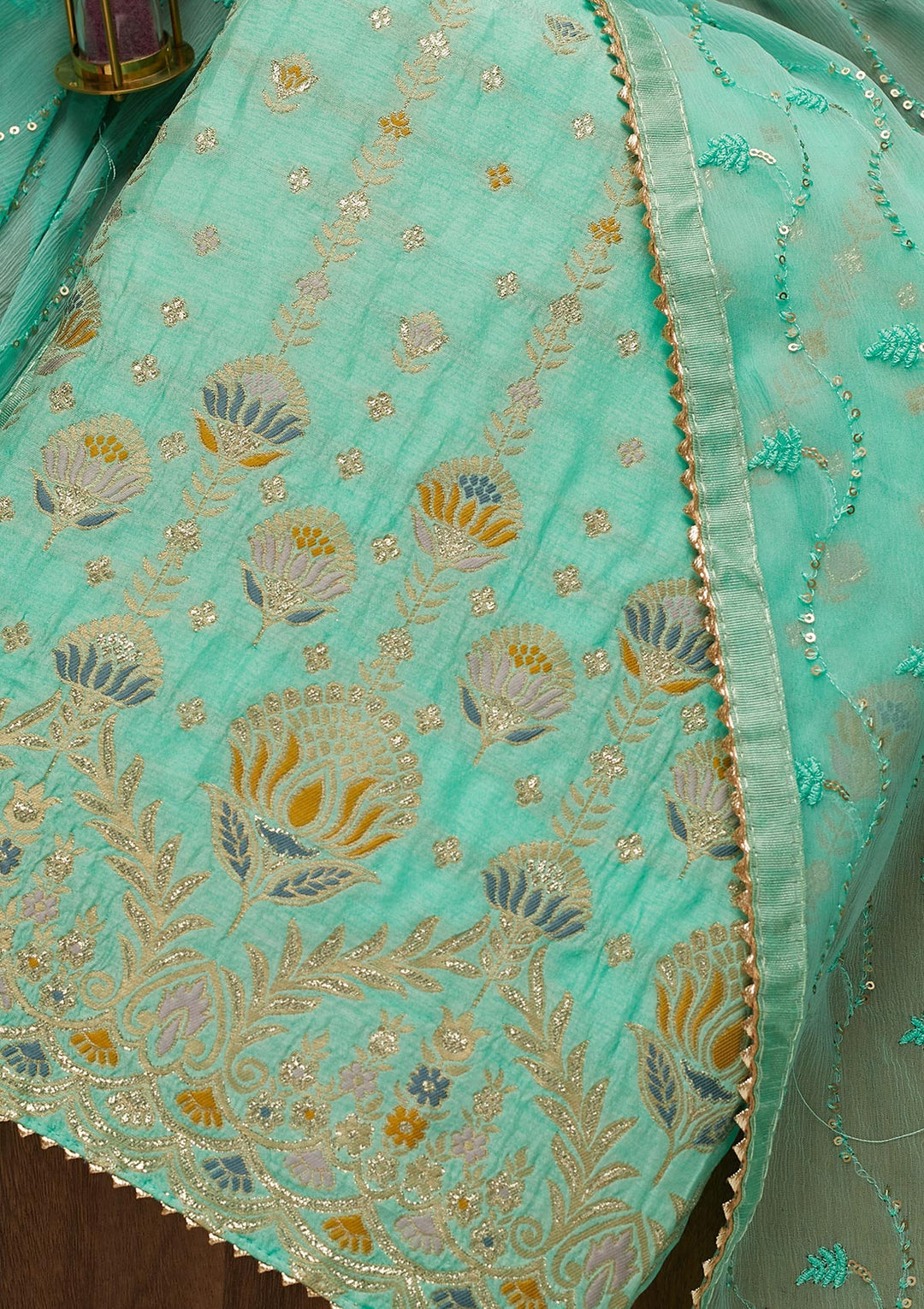 Sea Green Zariwork Semi Crepe Unstitched Salwar Suit-Koskii