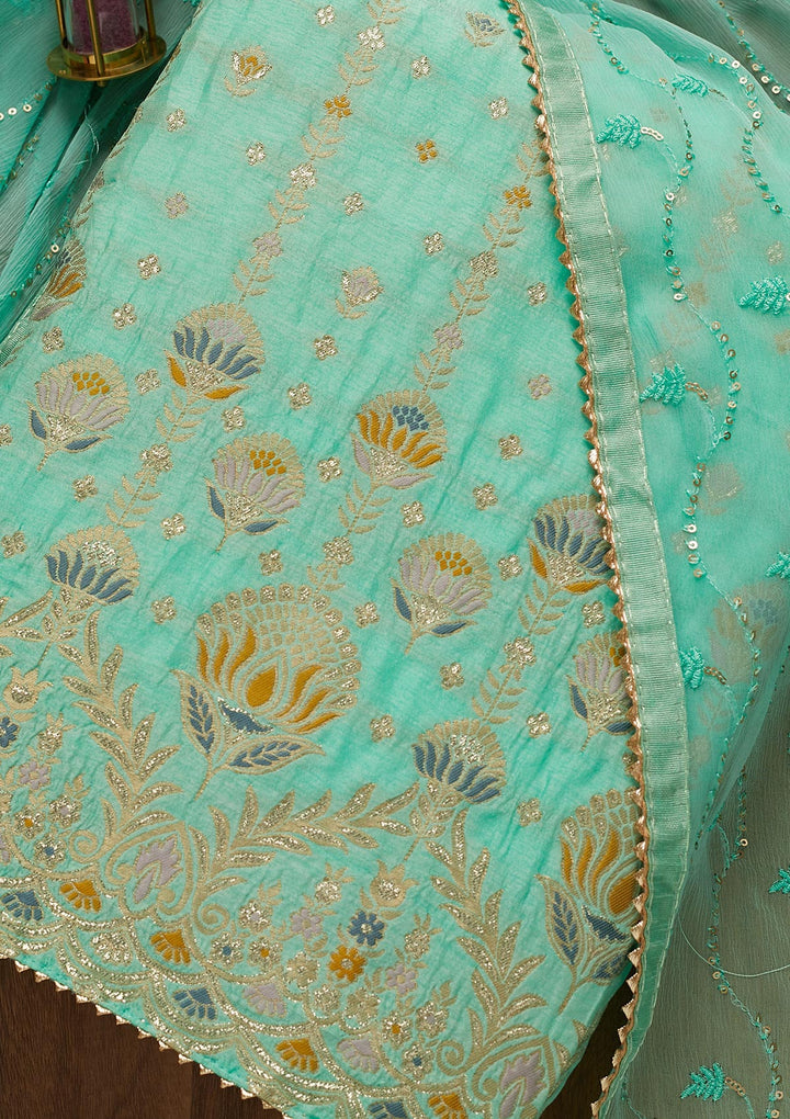 Sea Green Zariwork Semi Crepe Unstitched Salwar Suit-Koskii