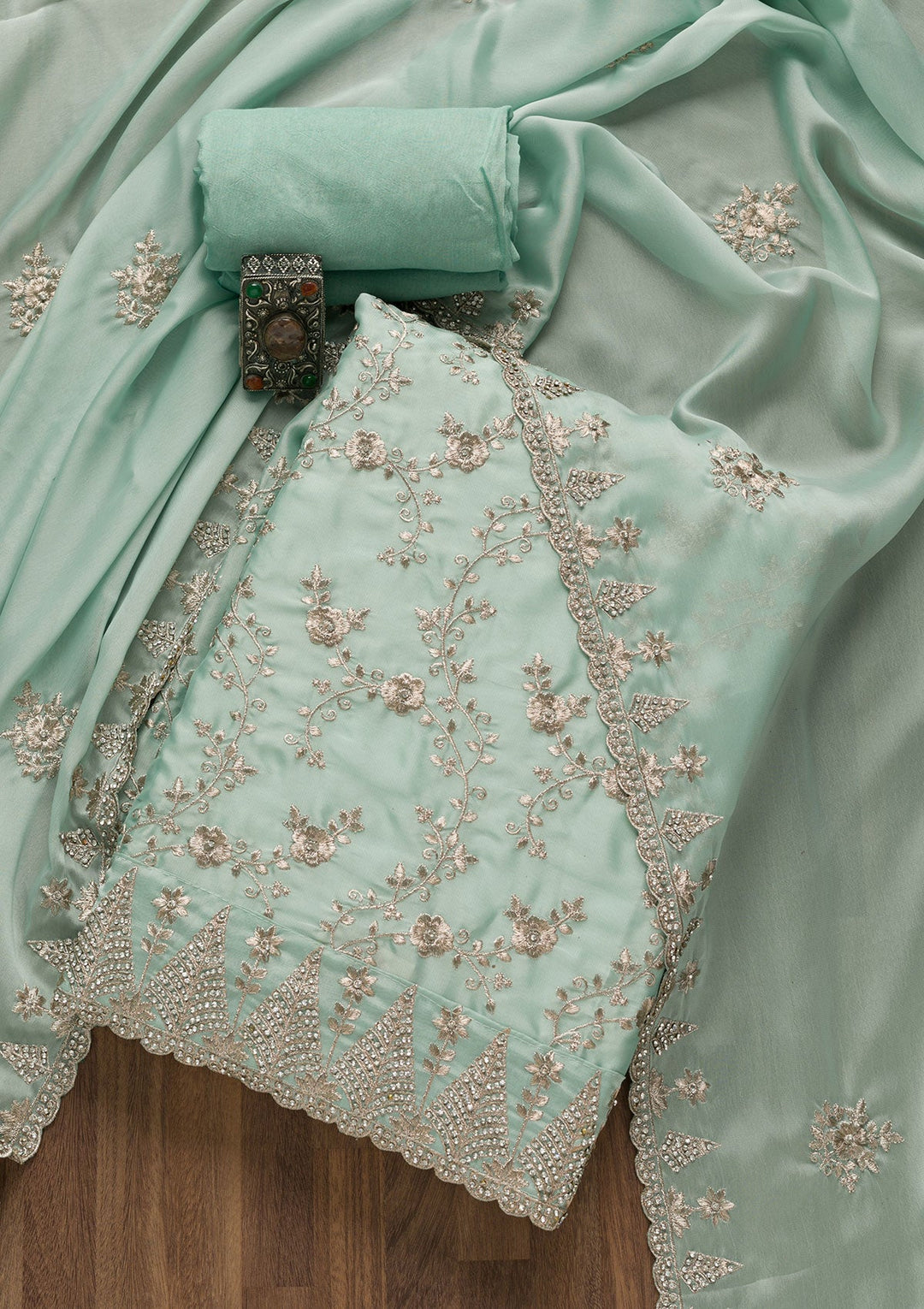 Sea Green Zariwork Semi Crepe Unstitched Salwar Suit-Koskii