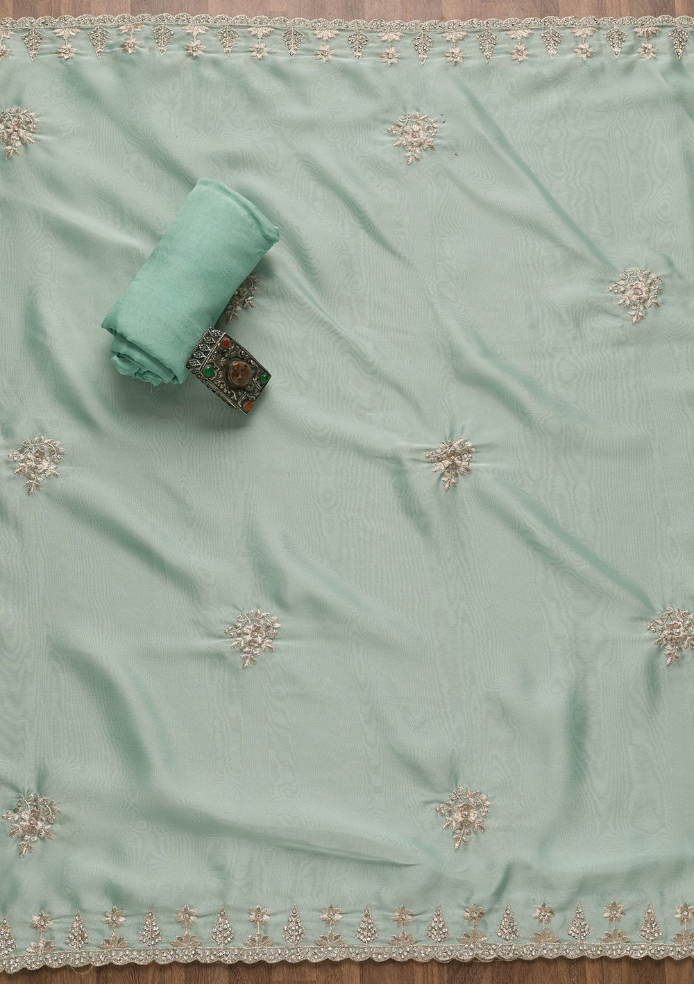 Sea Green Zariwork Semi Crepe Unstitched Salwar Suit-Koskii