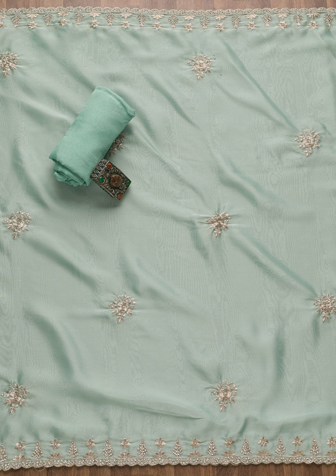 Sea Green Zariwork Semi Crepe Unstitched Salwar Suit-Koskii
