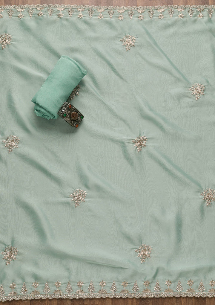 Sea Green Zariwork Semi Crepe Unstitched Salwar Suit-Koskii
