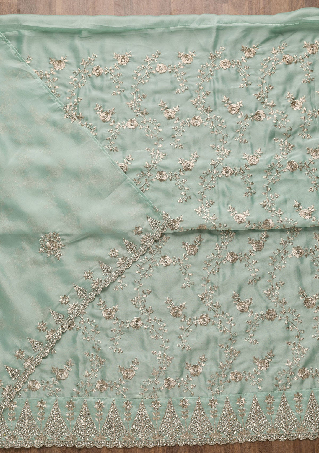 Sea Green Zariwork Semi Crepe Unstitched Salwar Suit-Koskii