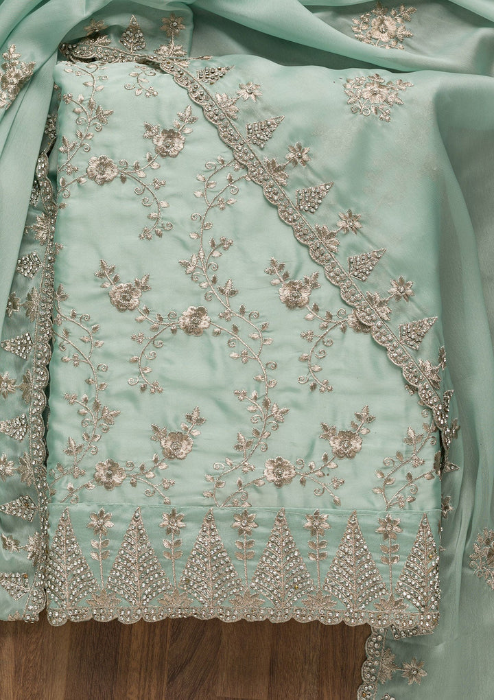 Sea Green Zariwork Semi Crepe Unstitched Salwar Suit-Koskii