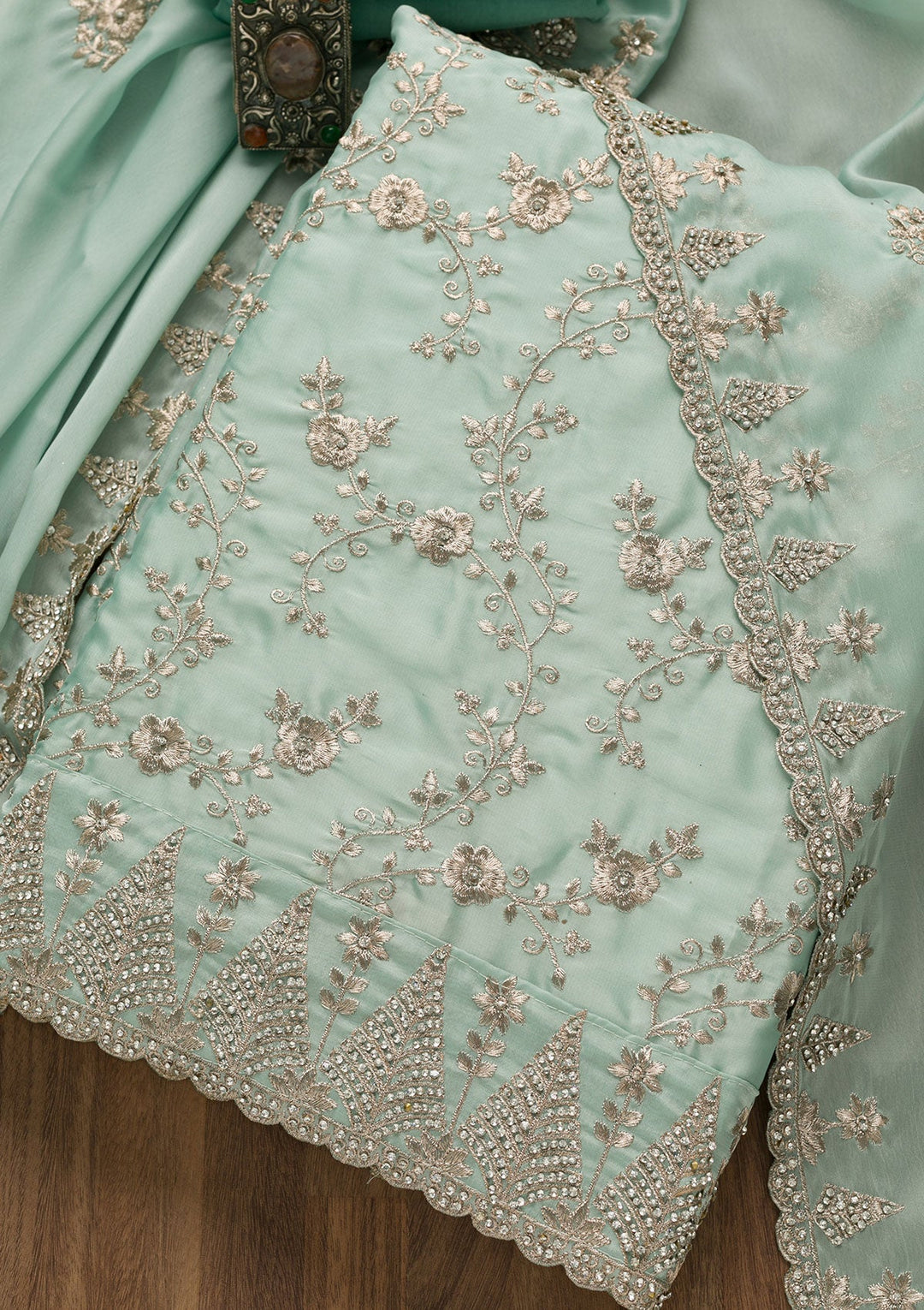Sea Green Zariwork Semi Crepe Unstitched Salwar Suit-Koskii