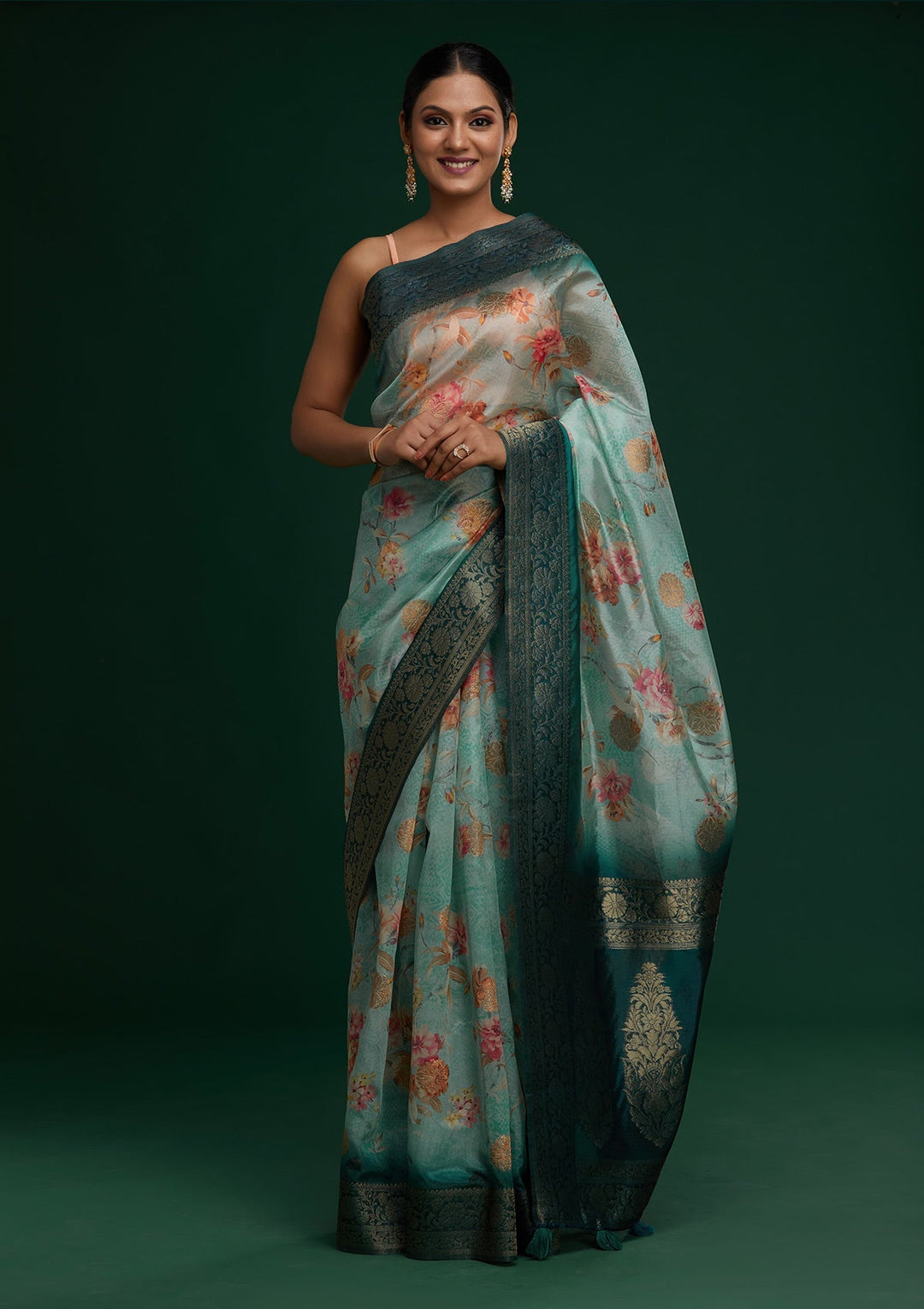 Sea Green Zariwork Taffeta Silk Saree- Koskii