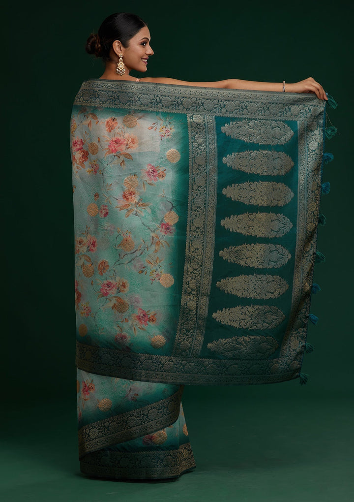 Sea Green Zariwork Taffeta Silk Saree - Koskii