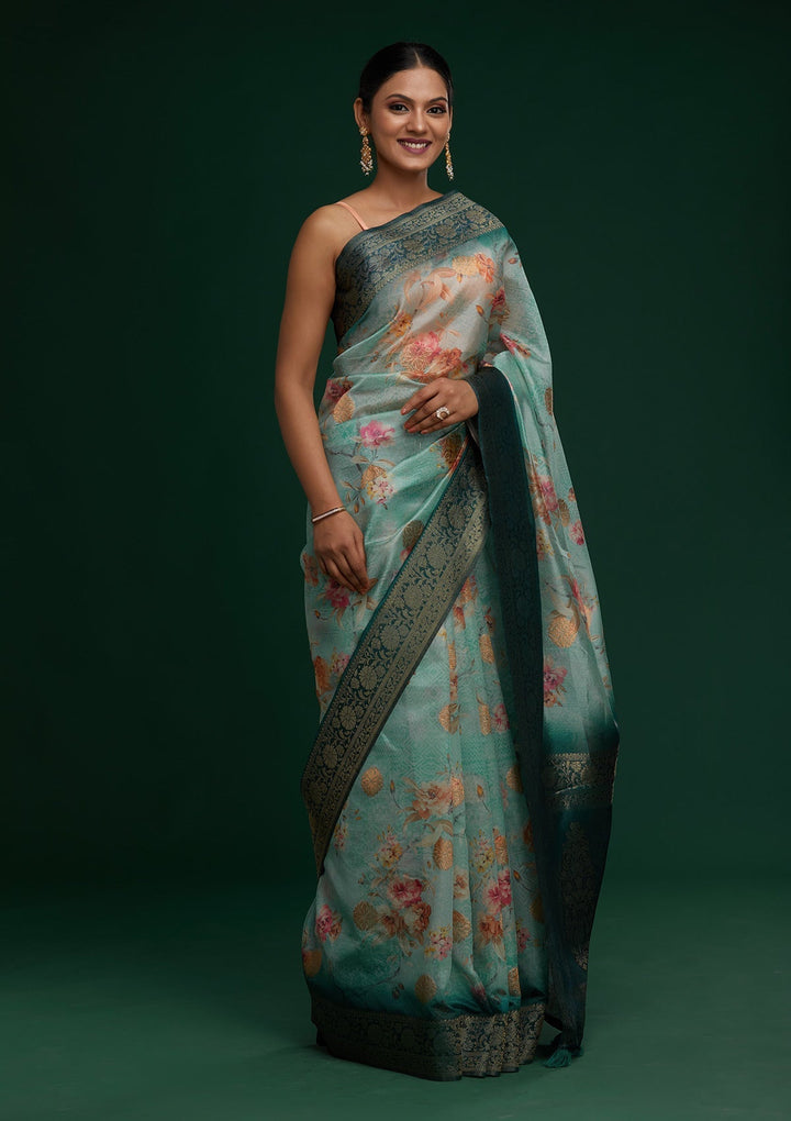 Sea Green Zariwork Taffeta Silk Saree - Koskii